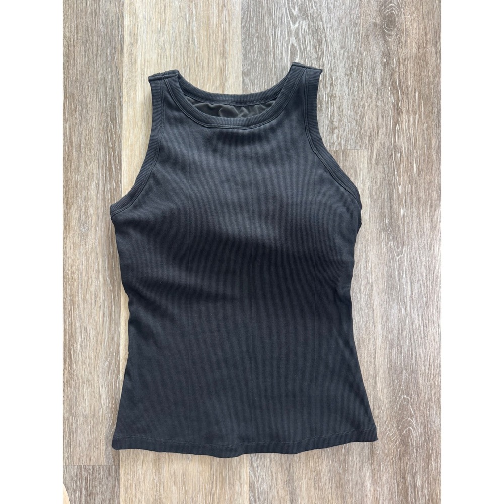 EasyGala Ribbed Tank Top Women Size M Black High Neck Built-in Bra Sleeveless